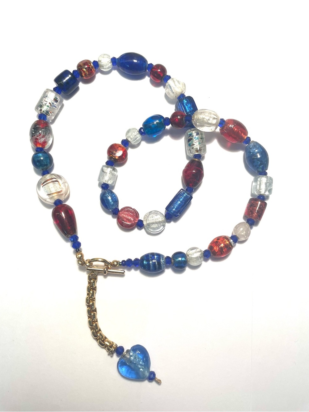 Handmade Haiti Proud Blue & Red Glass Bead Necklace with Heart Charm